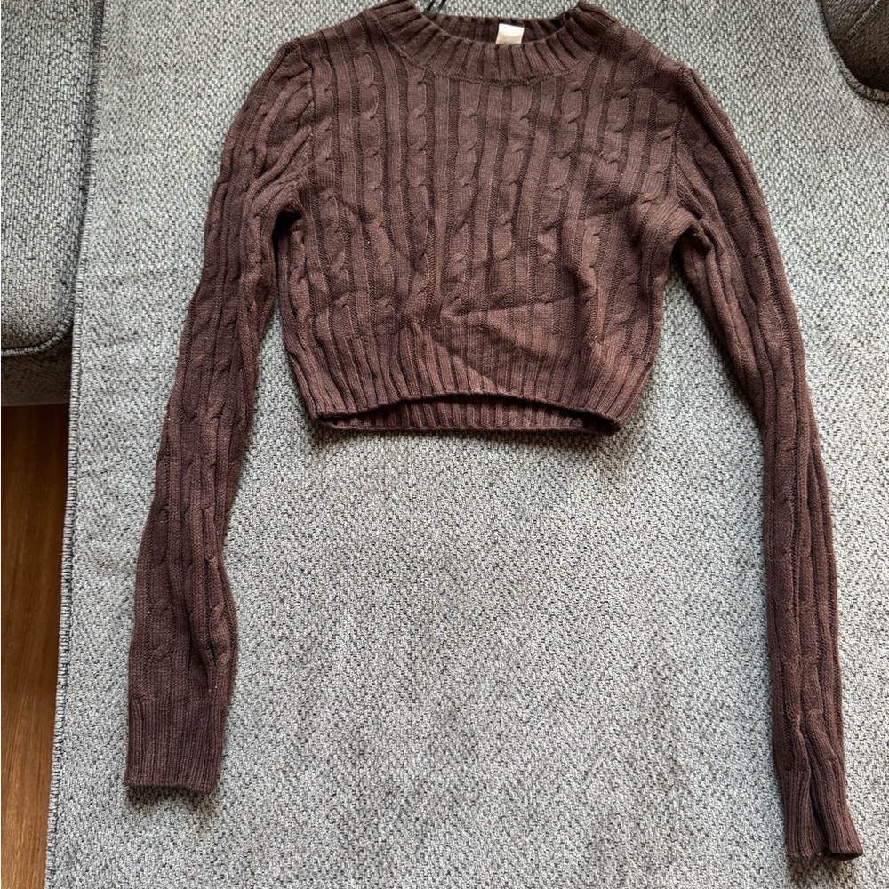 Brown Cropped Cable Knit Sweater
